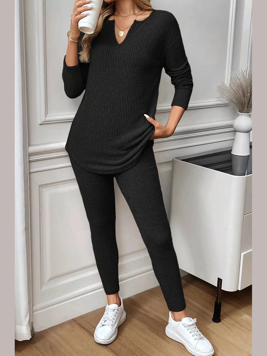 Notched Long Sleeve Top and Pants Set nicholesgifts