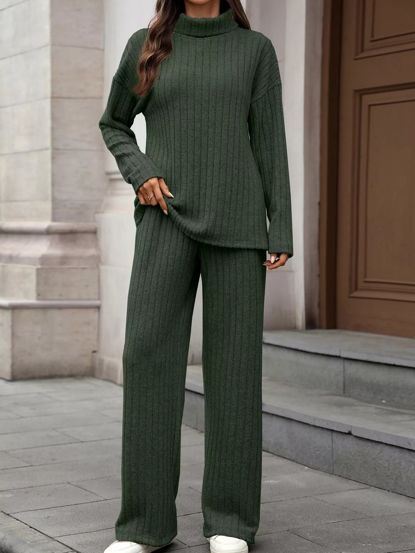 Ribbed Turtleneck Dropped Shoulder Top and Pants Sweater Set Trendsi