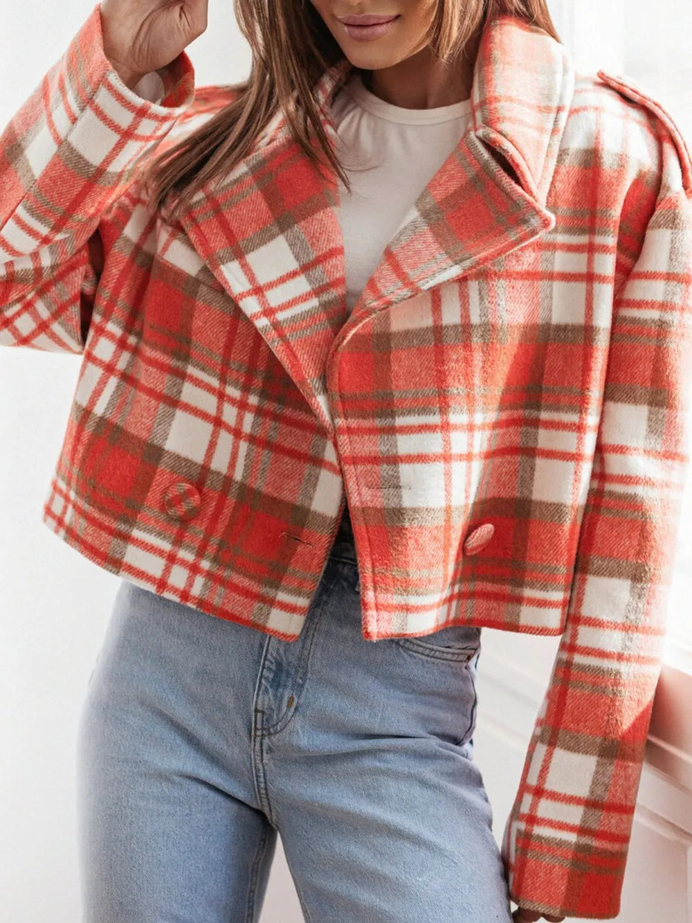 Lapel Collar Plaid Cropped Jacket Trendsi