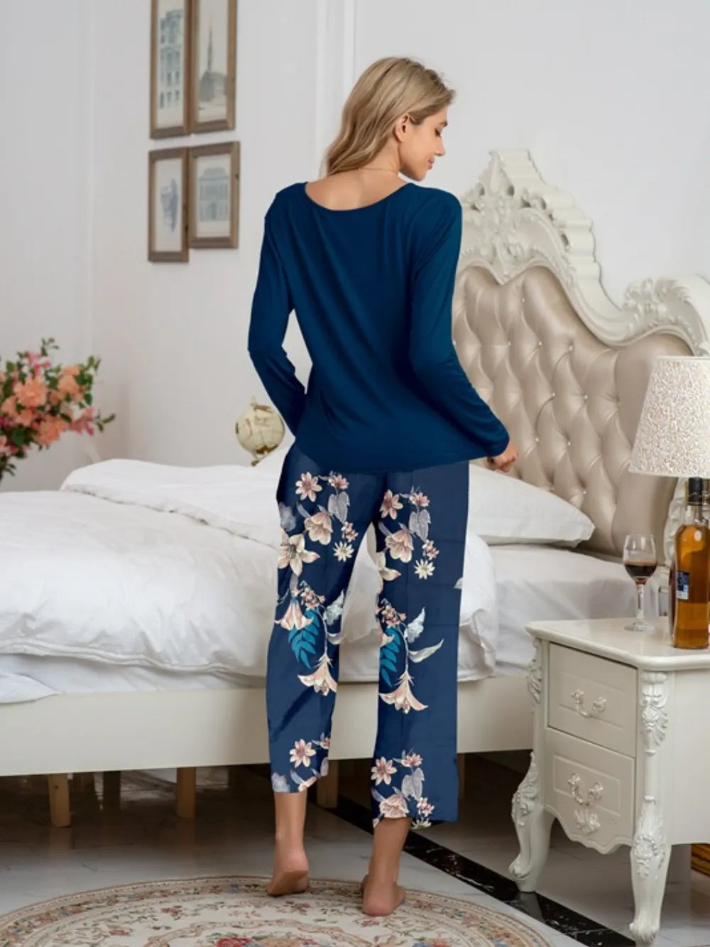 Round Neck Top and Printed Pants Lounge Set nicholesgifts