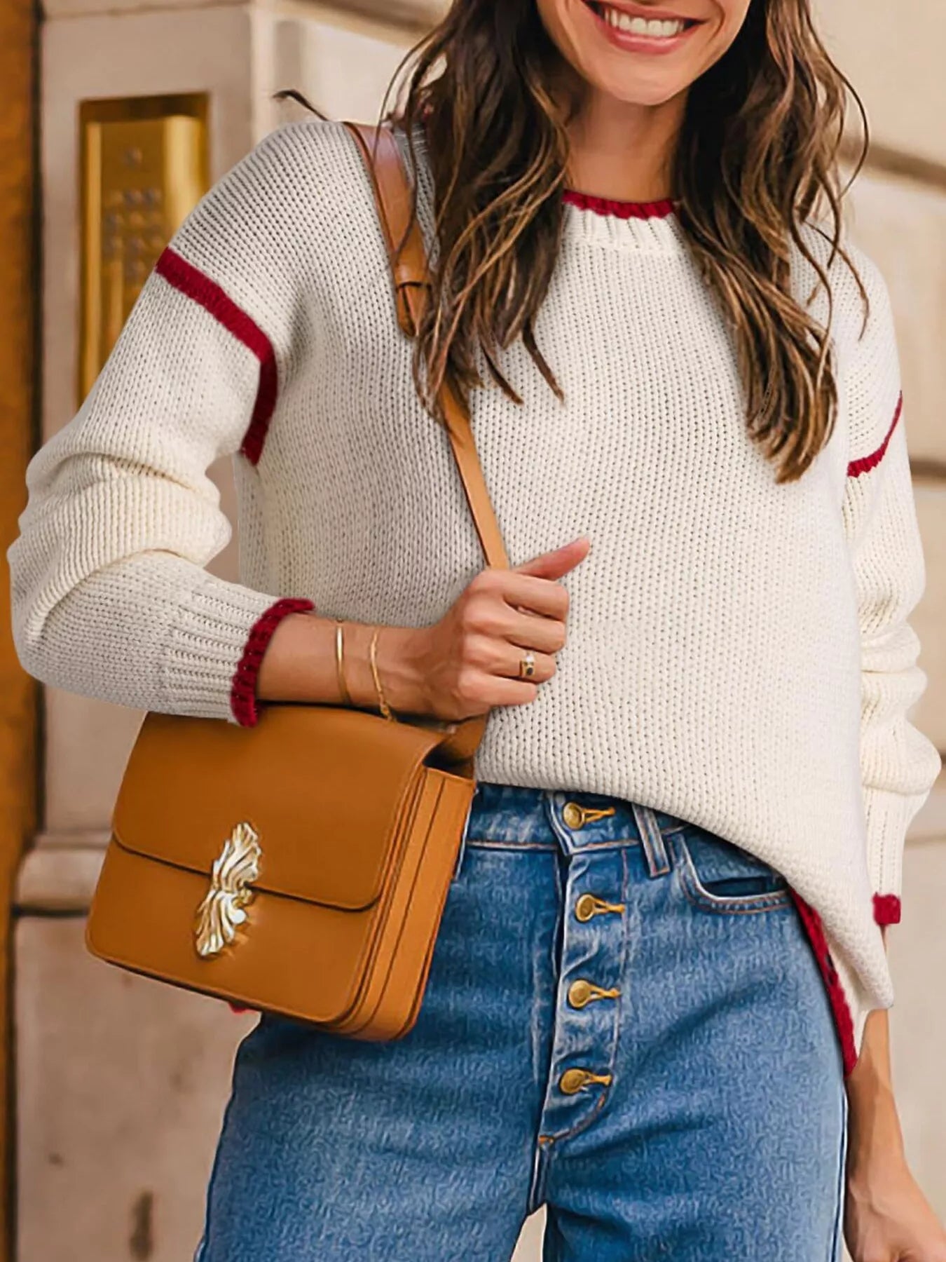 Contrast Trim Long Sleeve Sweater Trendsi