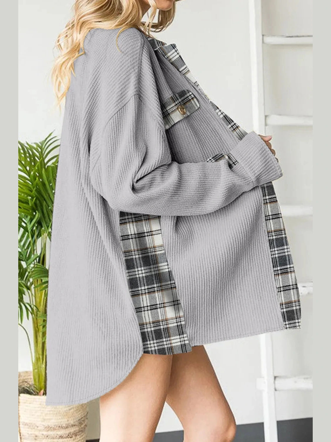 Plaid Button Down Collared Jacket nicholesgifts