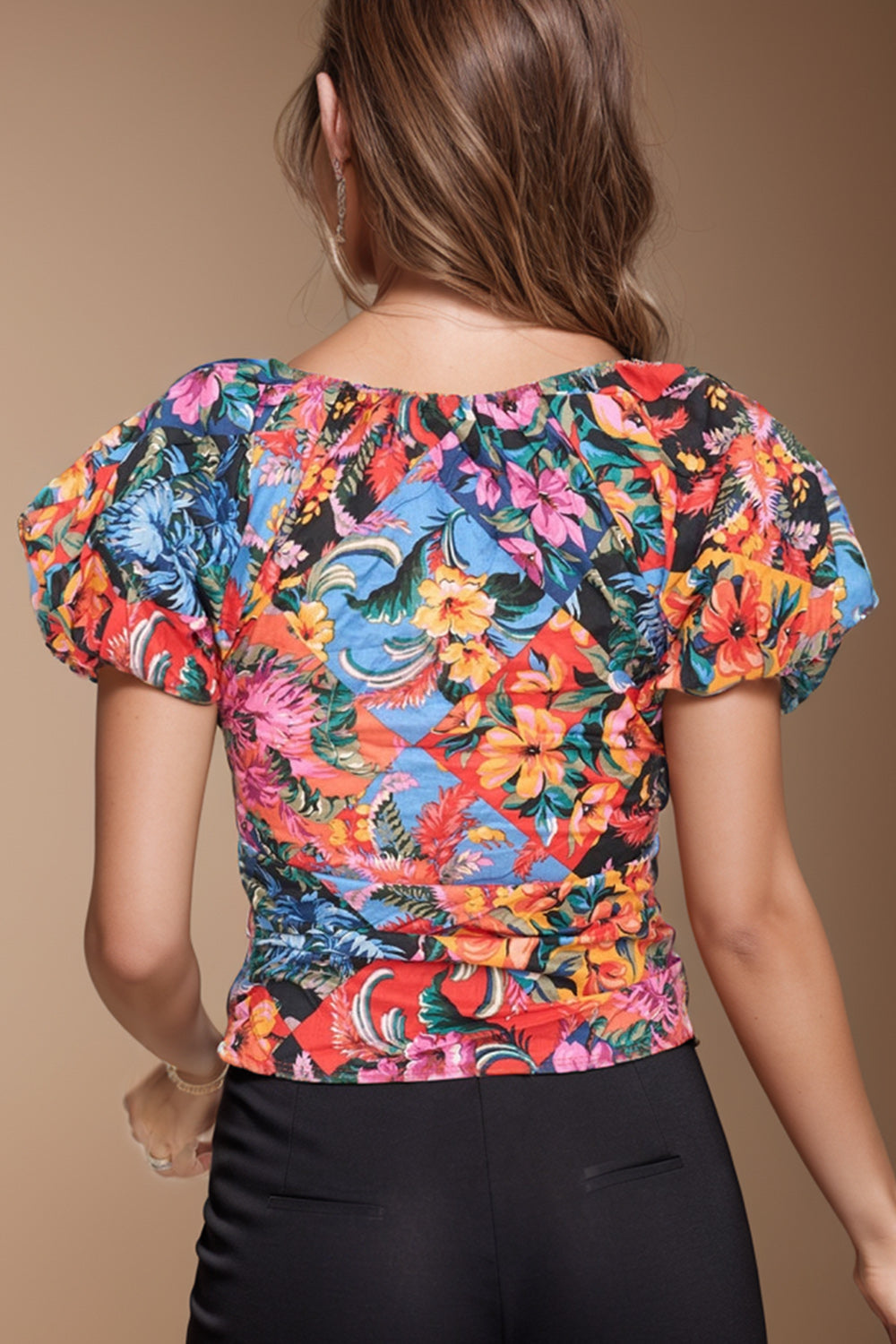 Ruched Printed V-Neck Short Sleeve Blouse nicholesgifts