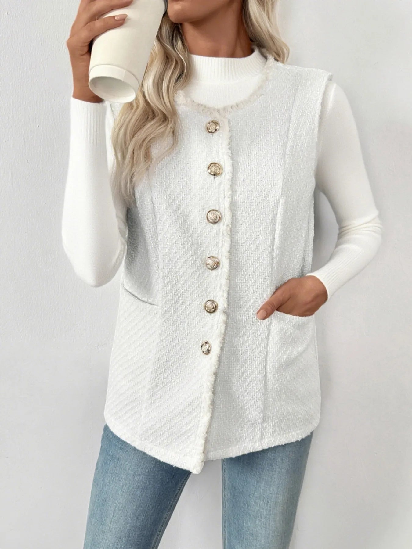 Textured Button-Front Vest with Raw Edge nicholesgifts