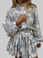 Women Printed Balloon Sleeve Tie Waist Dress nicholesgifts