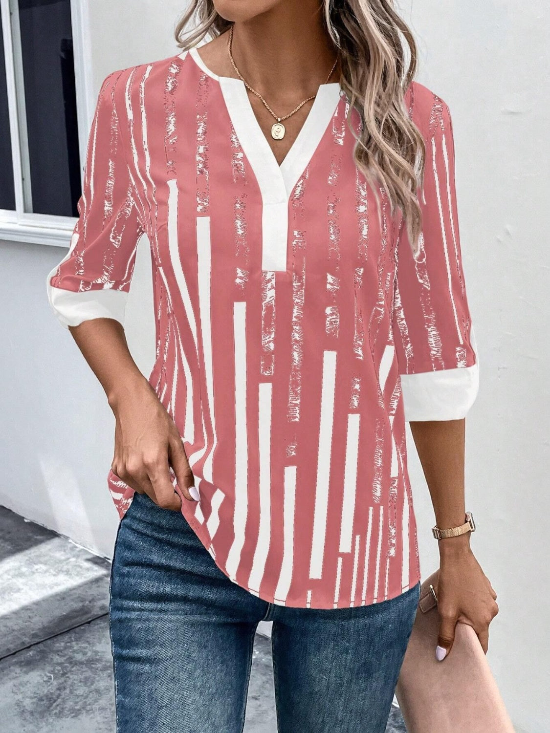 Striped Notched Half Sleeve Blouse nicholesgifts