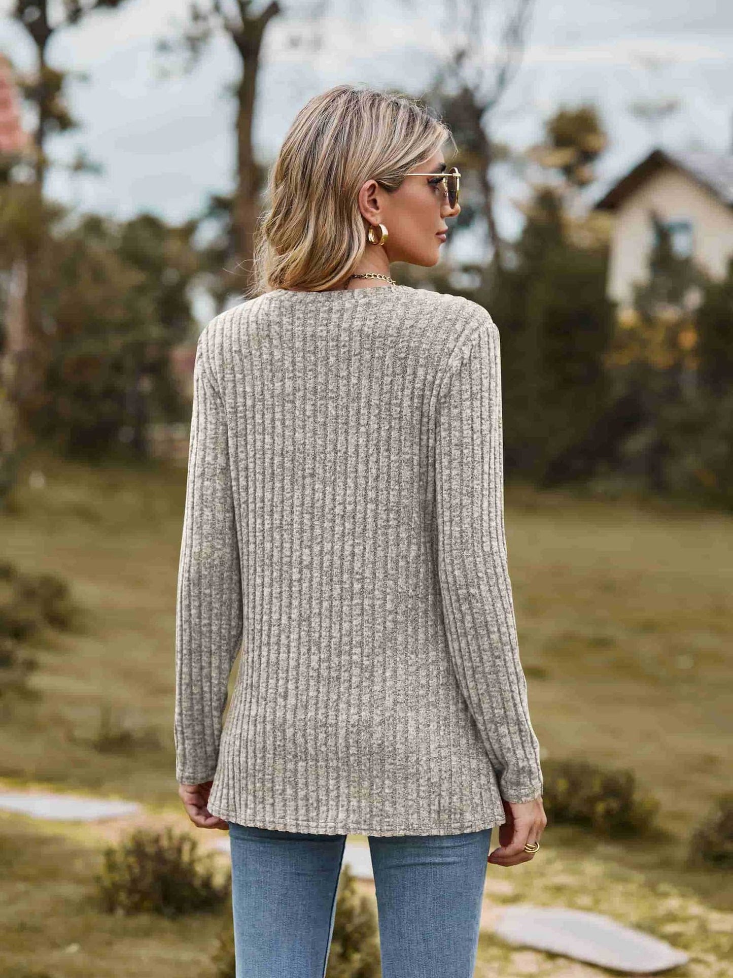 Ribbed Round Neck Long Sleeve Tee NicholesGifts