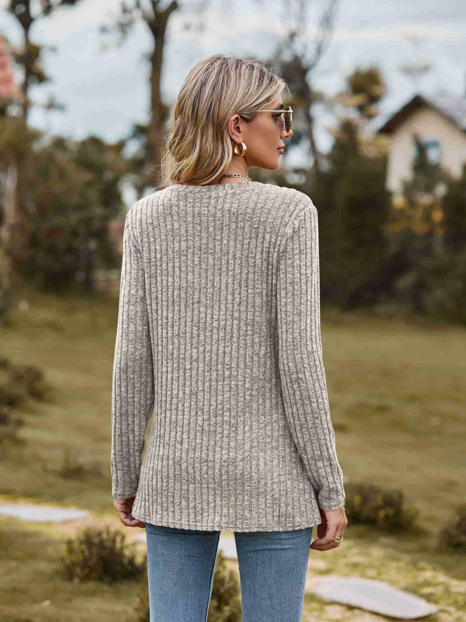Ribbed Round Neck Long Sleeve Tee NicholesGifts