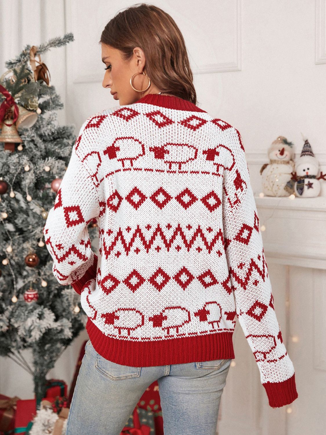 Perfee Contrast Geometric Round Neck Long Sleeve Sweater NicholesGifts