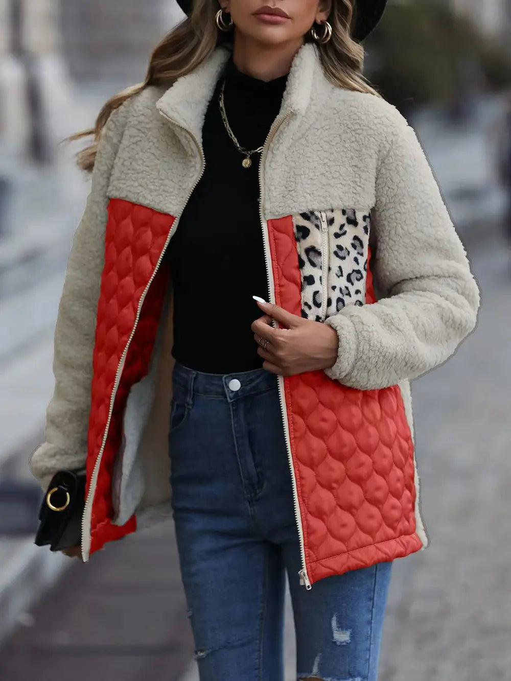 Leopard Color Block Zip-Up Jacket nicholesgifts