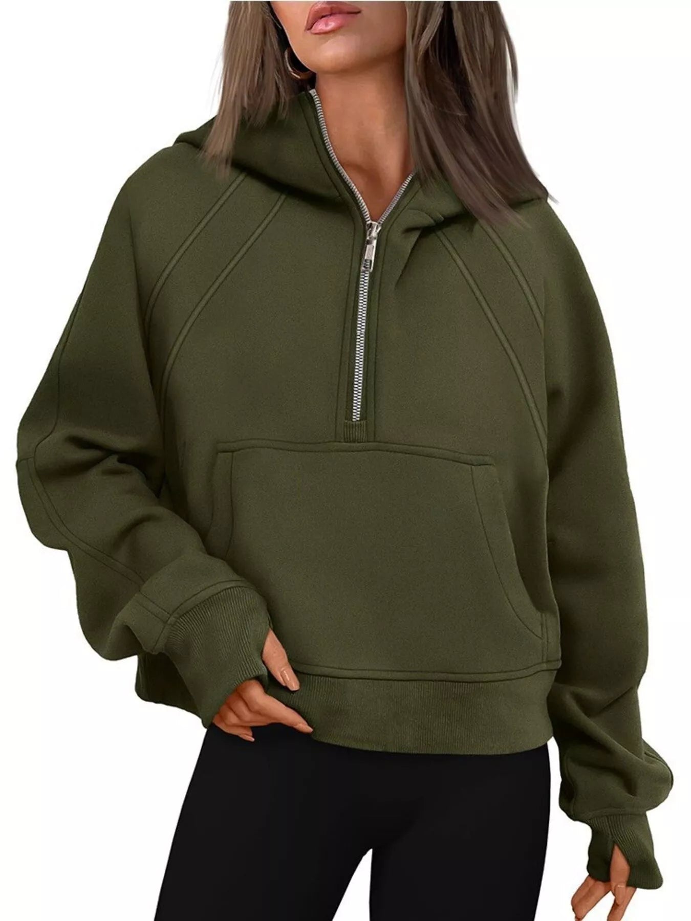 Half Zip Raglan Sleeve Hoodie Trendsi