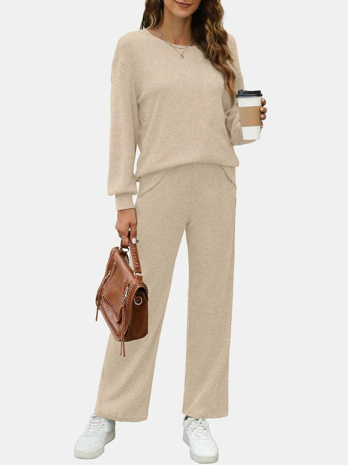 Round Neck Long Sleeve Top and Pants Set nicholesgifts