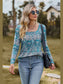 Printed Square Neck Long Sleeve Blouse nicholesgifts