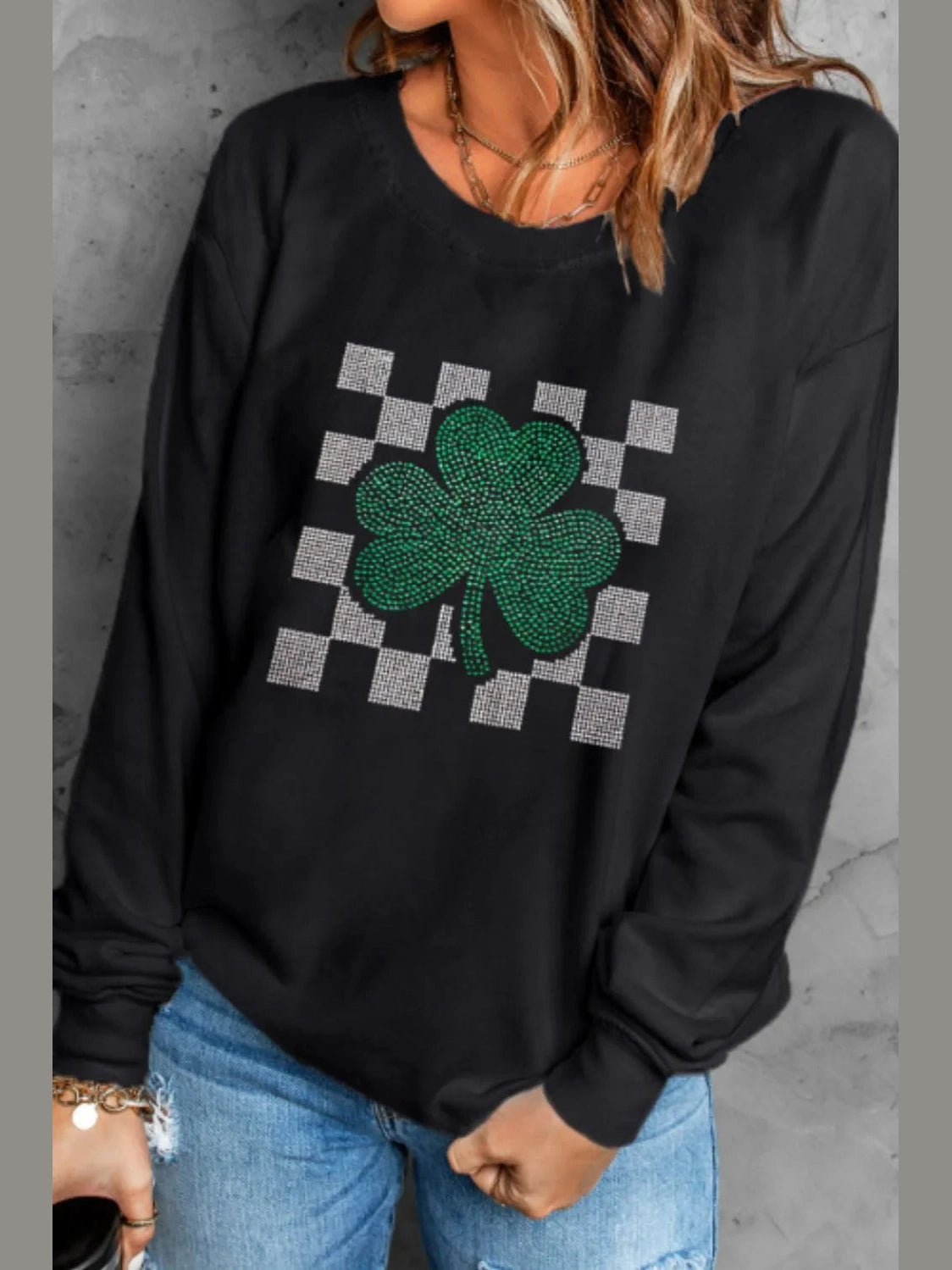 Rhinestone Checkered Lucky Clover Round Neck Sweatshirt nicholesgifts