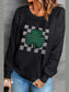 Rhinestone Checkered Lucky Clover Round Neck Sweatshirt nicholesgifts