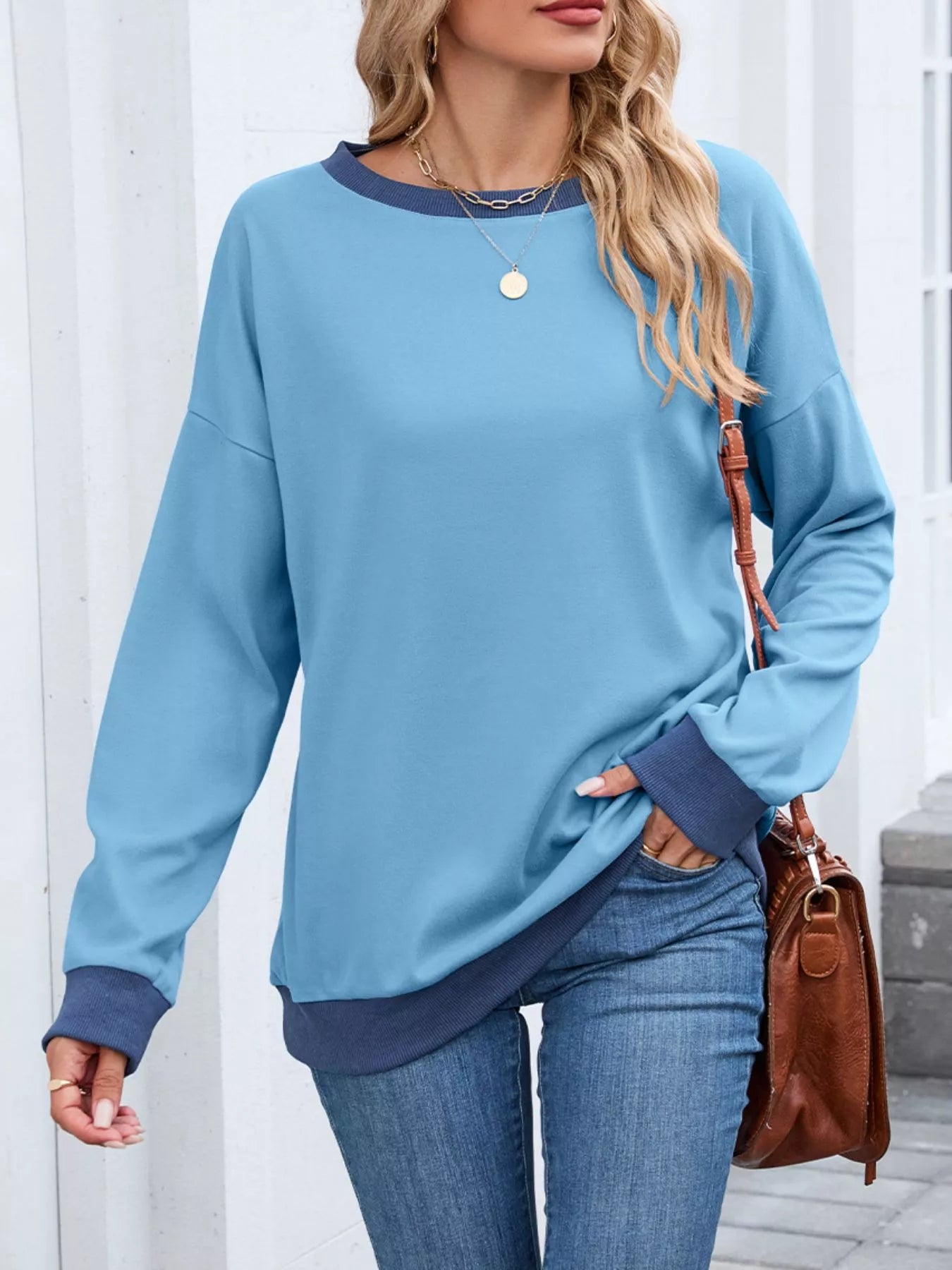 Contrast Trim Long Sleeve Sweatshirt Trendsi