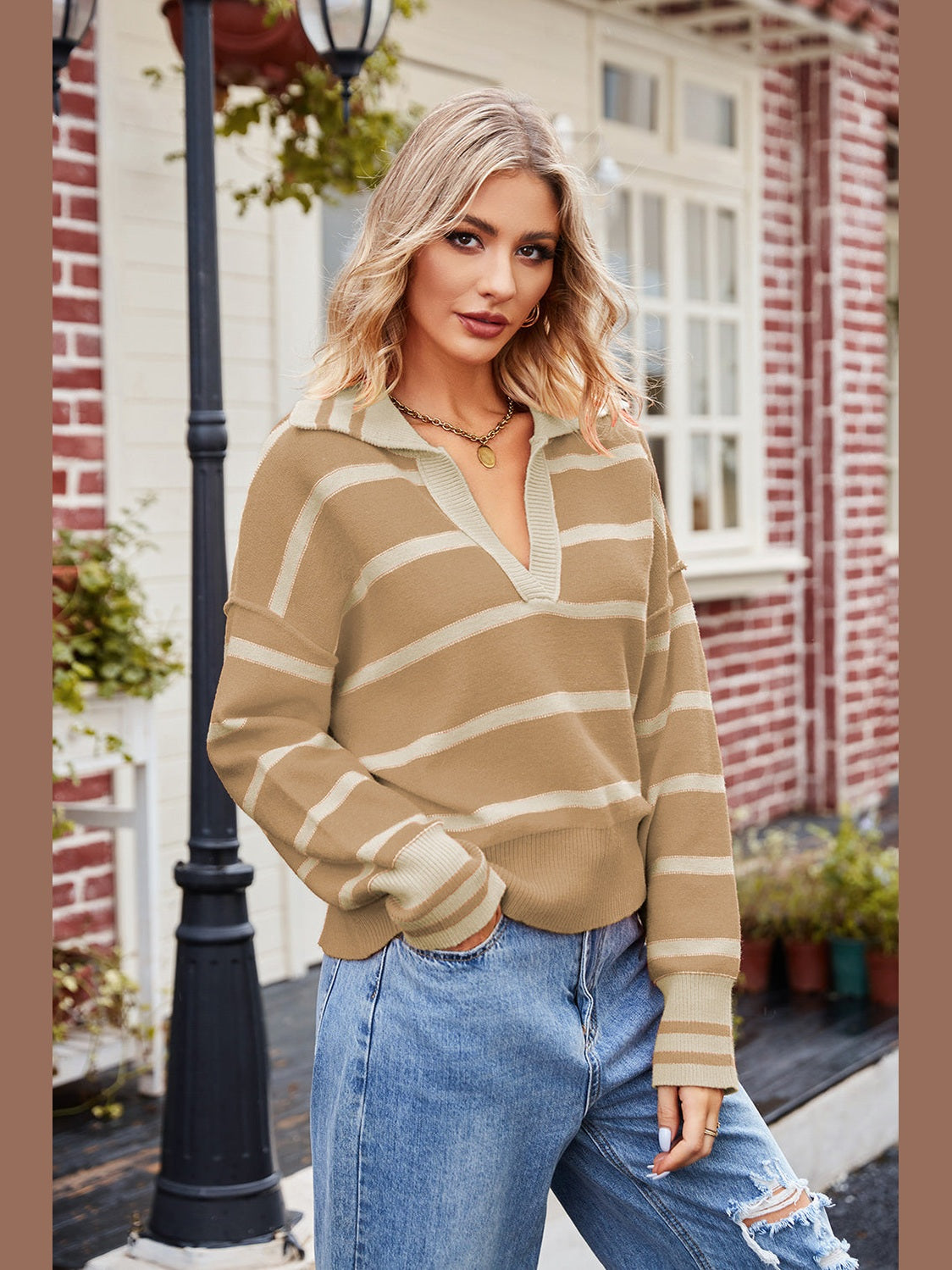 Striped Johnny Collar Sweater Trendsi