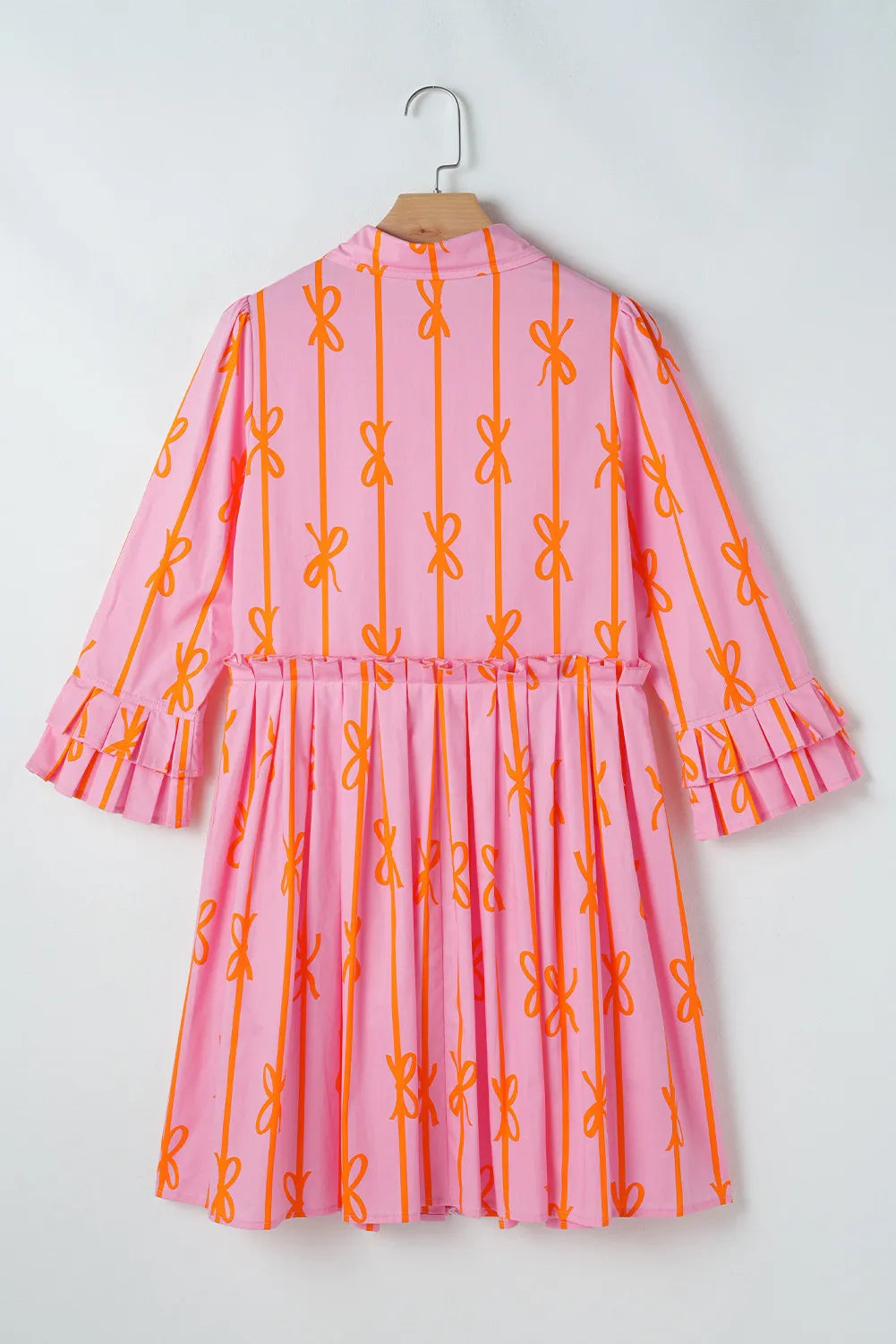 Ruffled Bow Printed Three-Quarter Sleeve Shirt Dress NicholesGifts