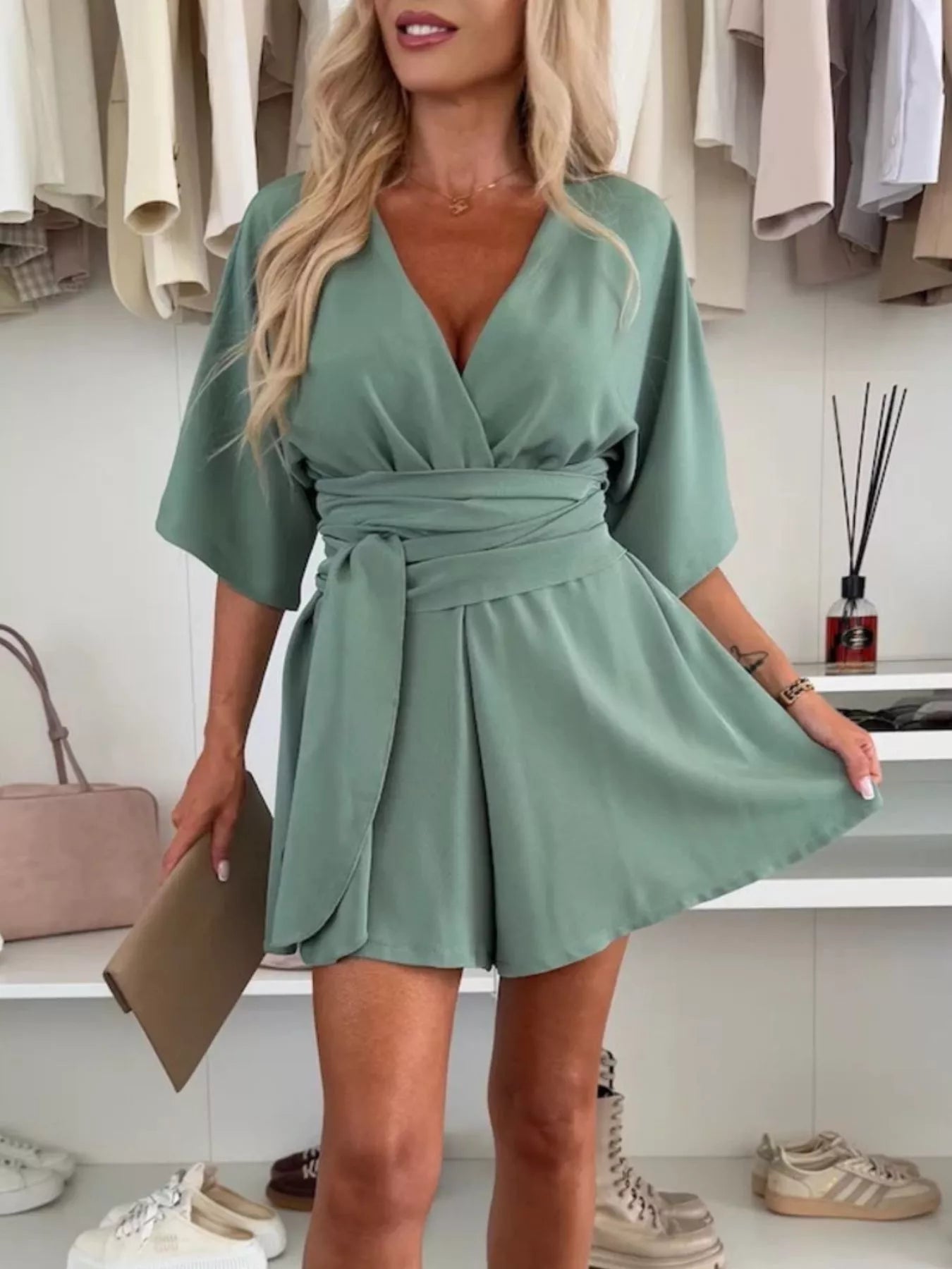 Full Size Surplice Tie Waist Romper Plus Size nicholesgifts