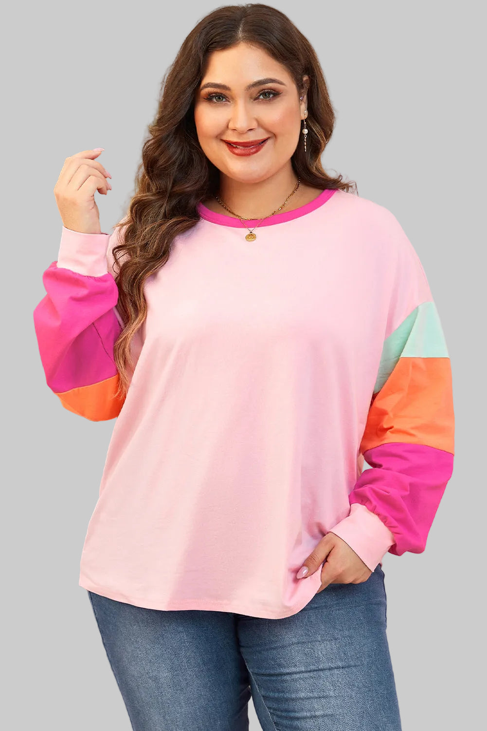 Plus Size Women Pink Colorblock Patchwork Long Sleeve Top