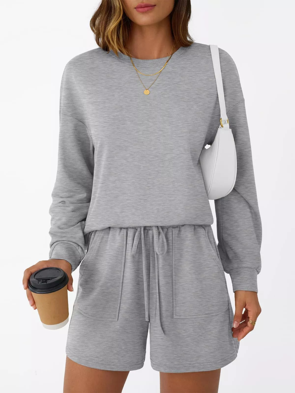 Round Neck Long Sleeve Top and Shorts Set Trendsi