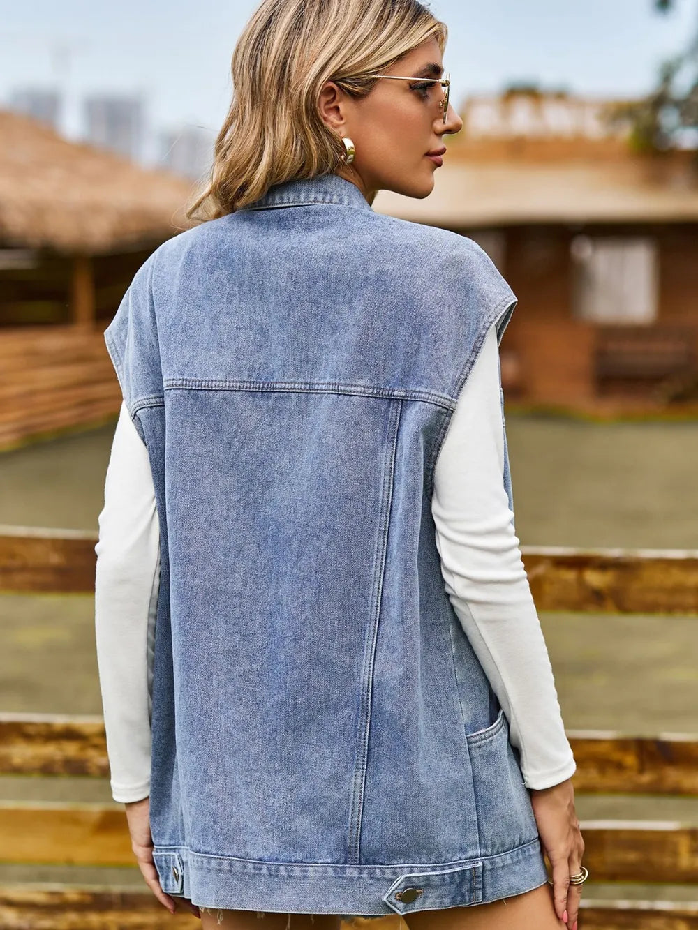 Button Up Collared Neck Sleeveless Denim Jacket nicholesgifts