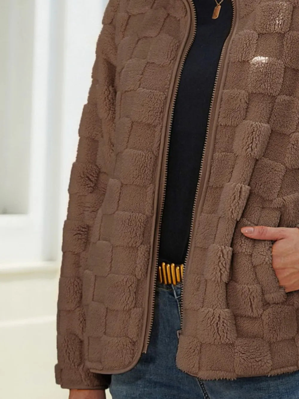 Fuzzy Checkered Zip Up Jacket nicholesgifts