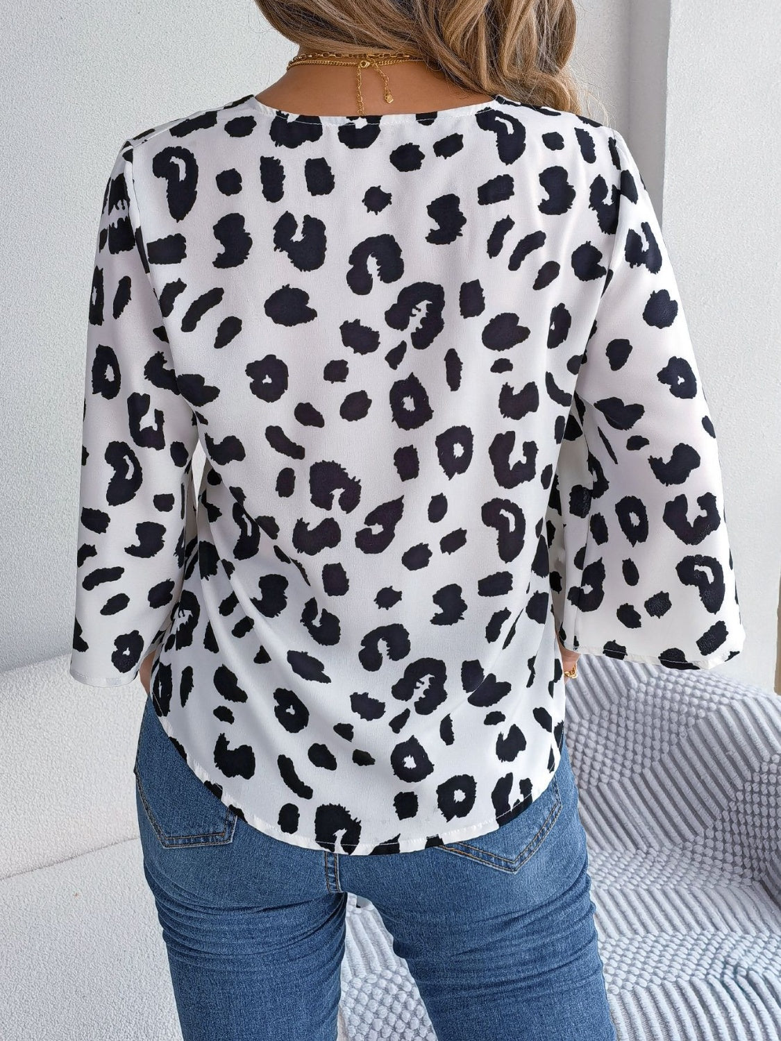 Tied Button Up Leopard V-Neck Blouse nicholesgifts