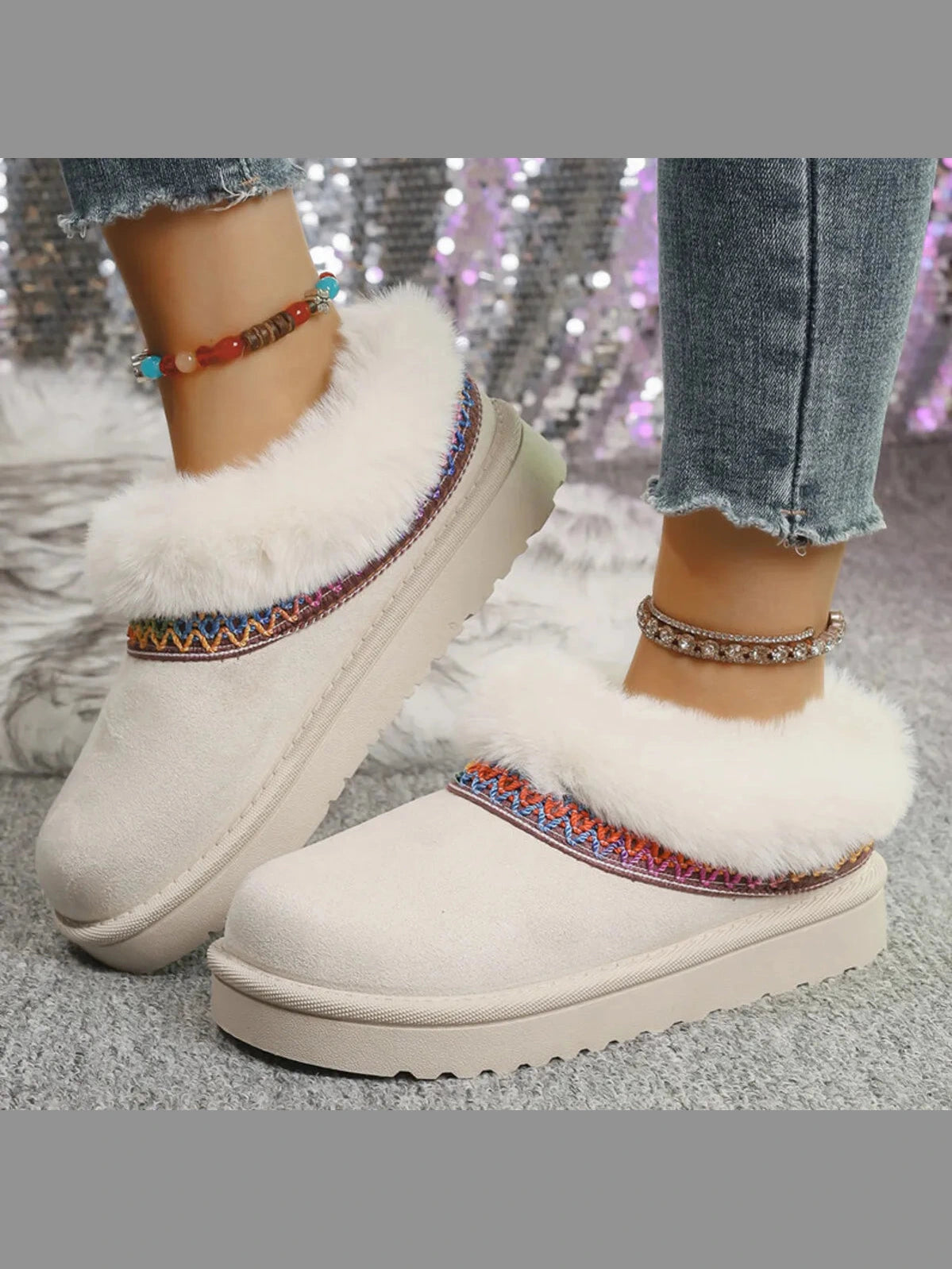 Fur-Lined Platform Boots with Decorative Woven Strap Trendsi