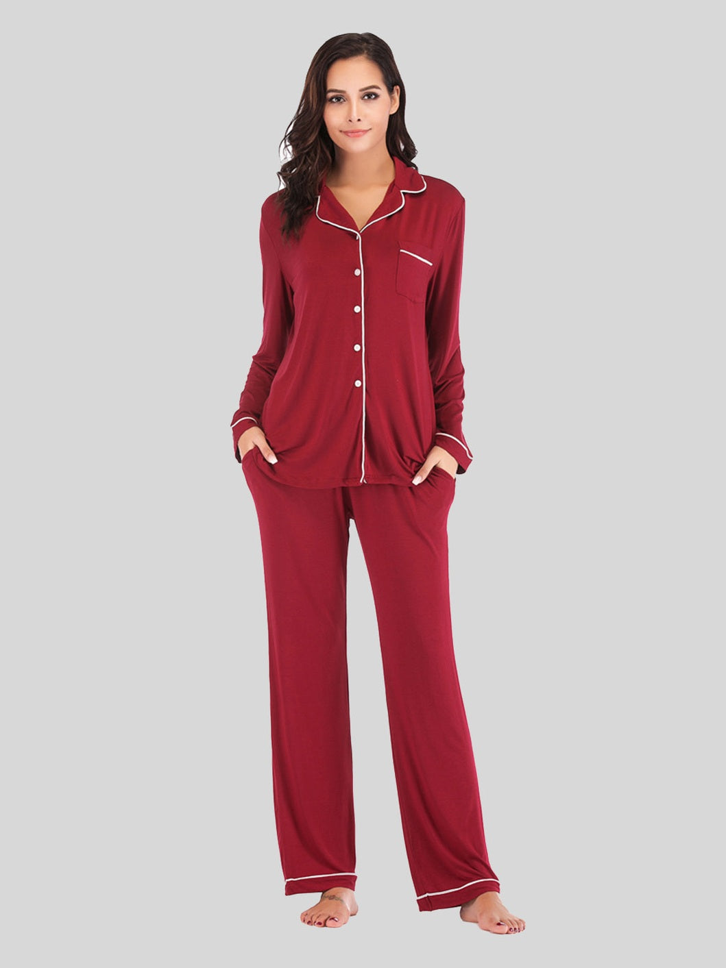 Collared Neck Long Sleeve Loungewear Set with Pockets nicholesgifts