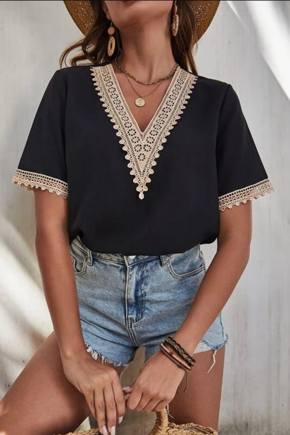 Full Size Lace Detail V-Neck Short Sleeve Blouse nicholesgifts