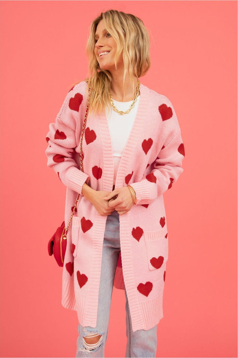 Heart Graphic Open Front Cardigan with Pockets nicholesgifts