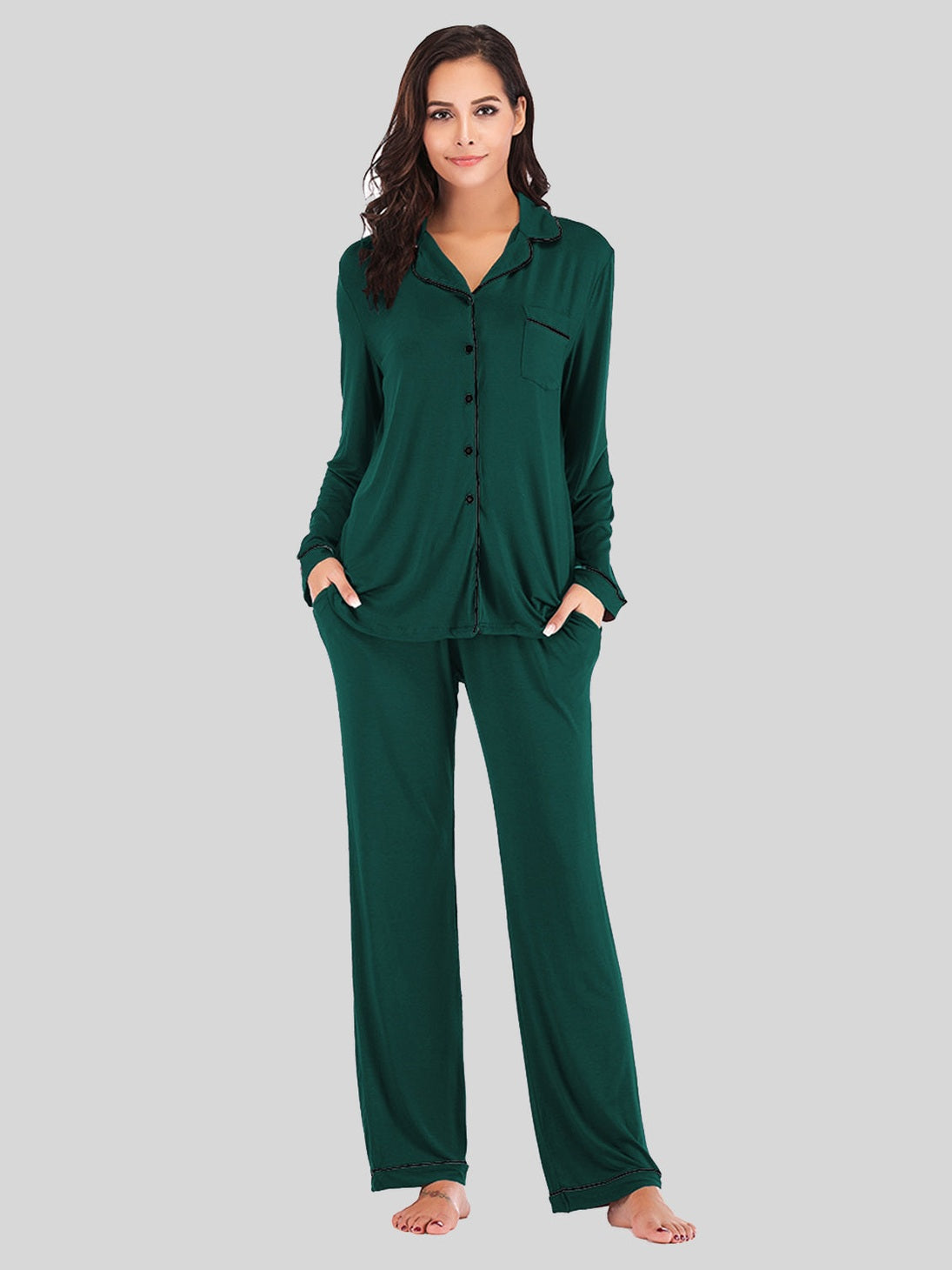 Collared Neck Long Sleeve Loungewear Set with Pockets nicholesgifts