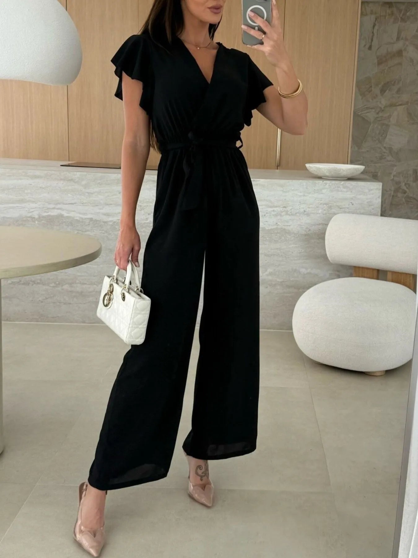 Surplice Wide Leg Belted Jumpsuit nicholesgifts