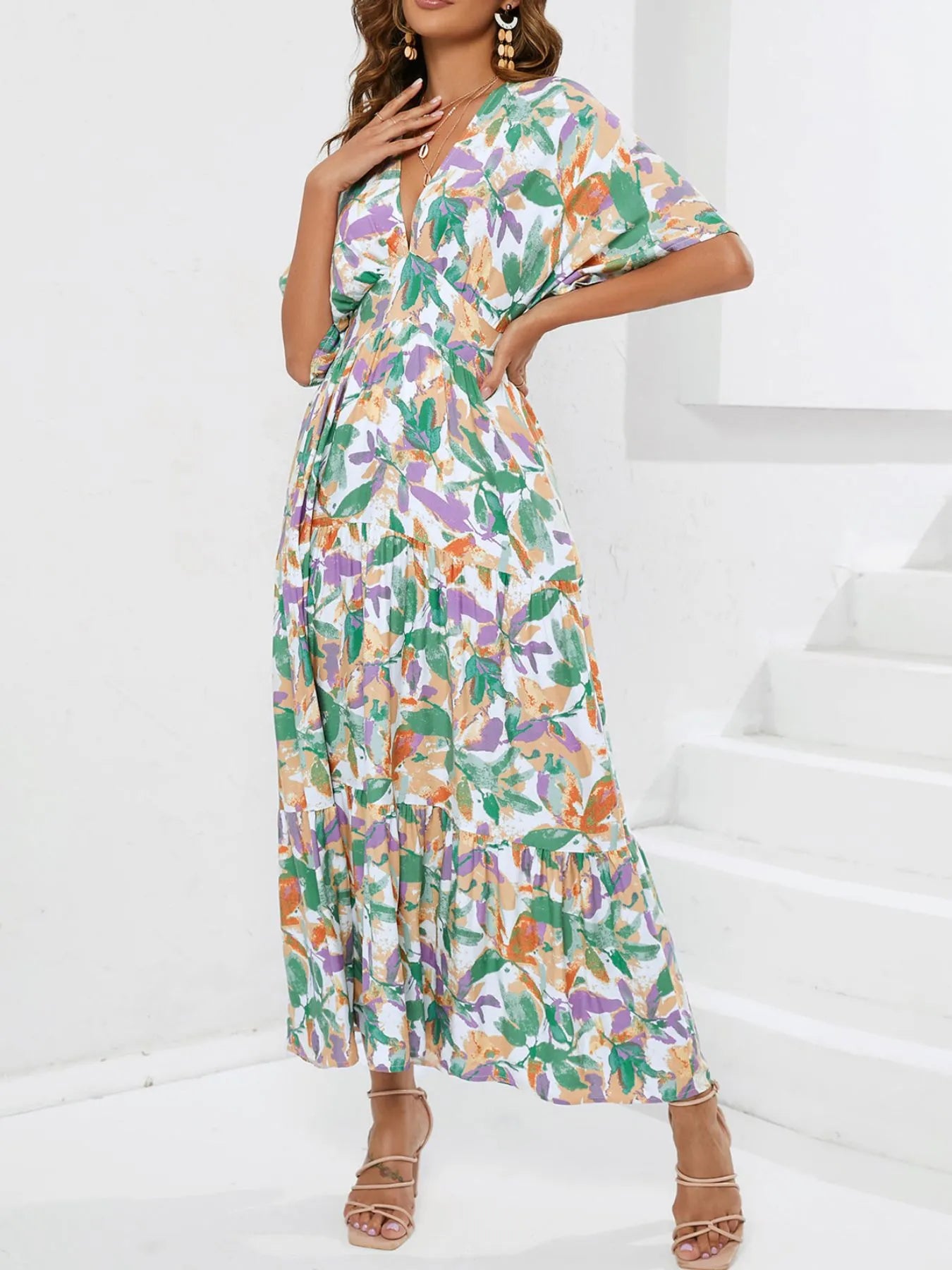 Floral Print V-neck Boho Midi Dress Trendsi