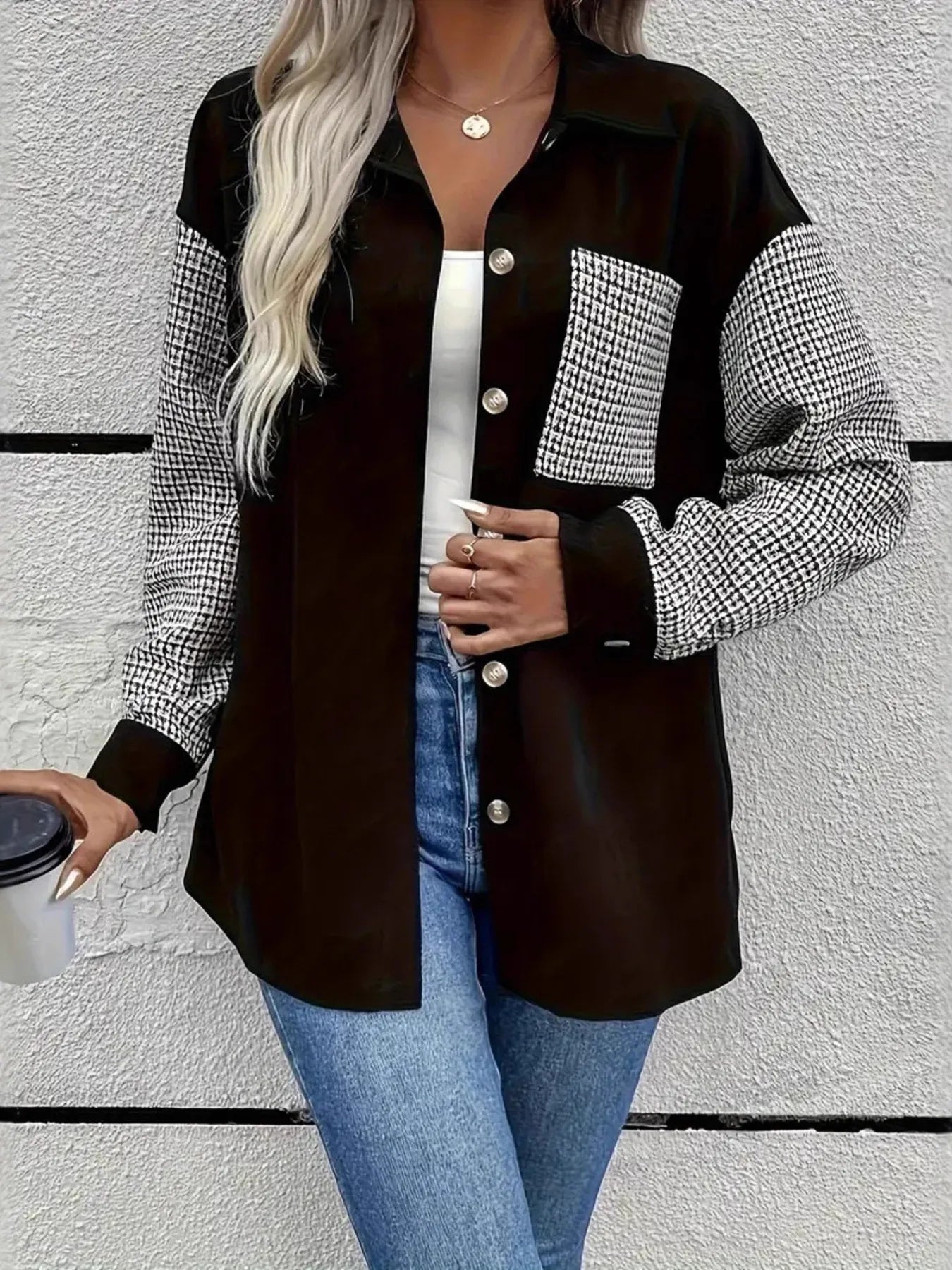 Houndstooth Contrast Button-Up Oversized Jacket
