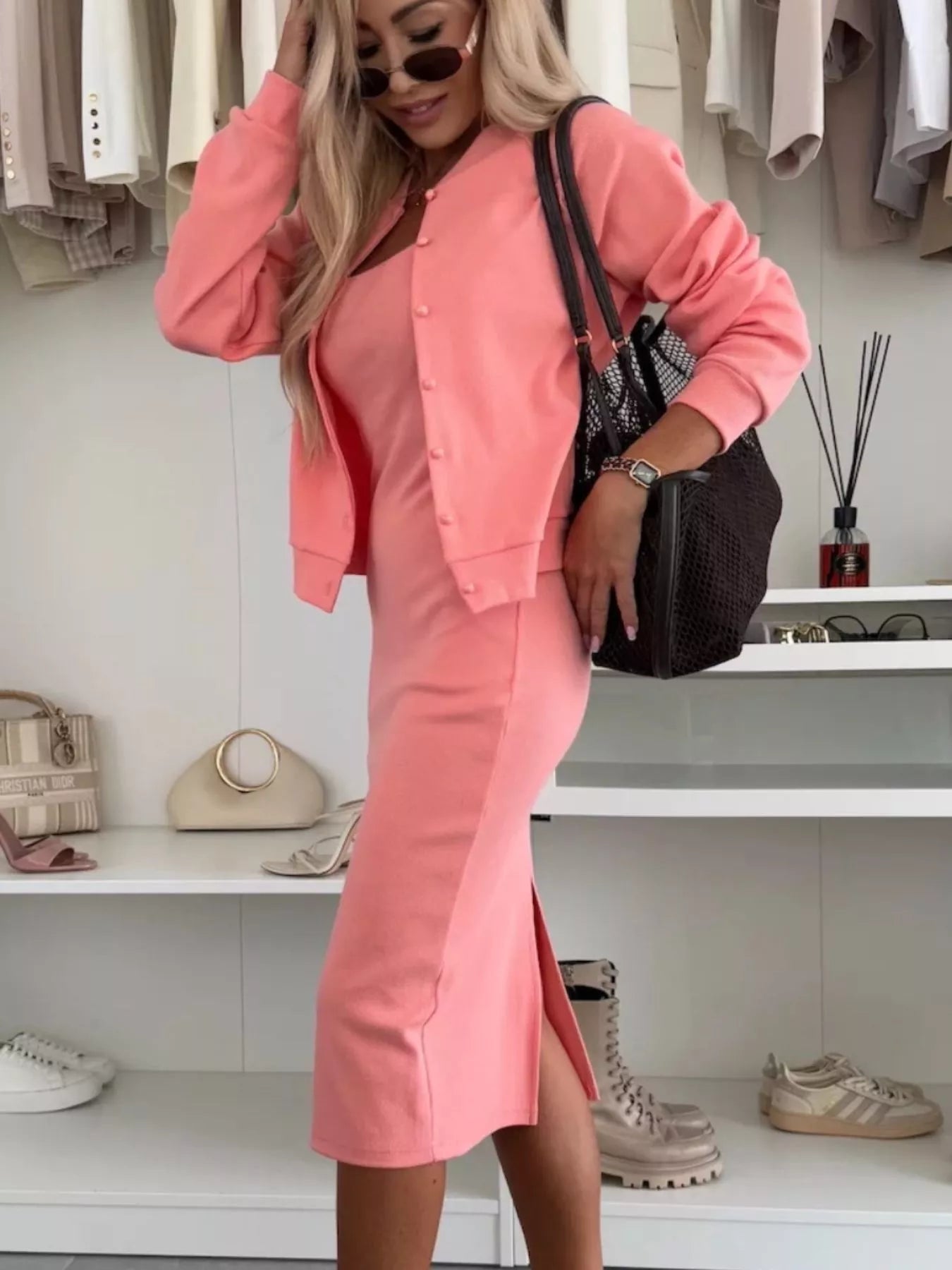 Women Full Size Slit Square Neck Dress and Outerwear Set Plus Size nicholesgifts