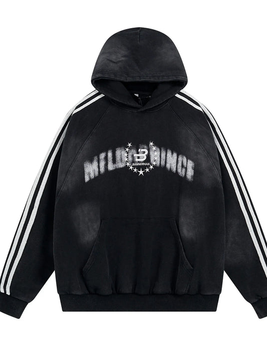 Men's Washed Graphic Striped Sleeve Hoodie NicholesGifts