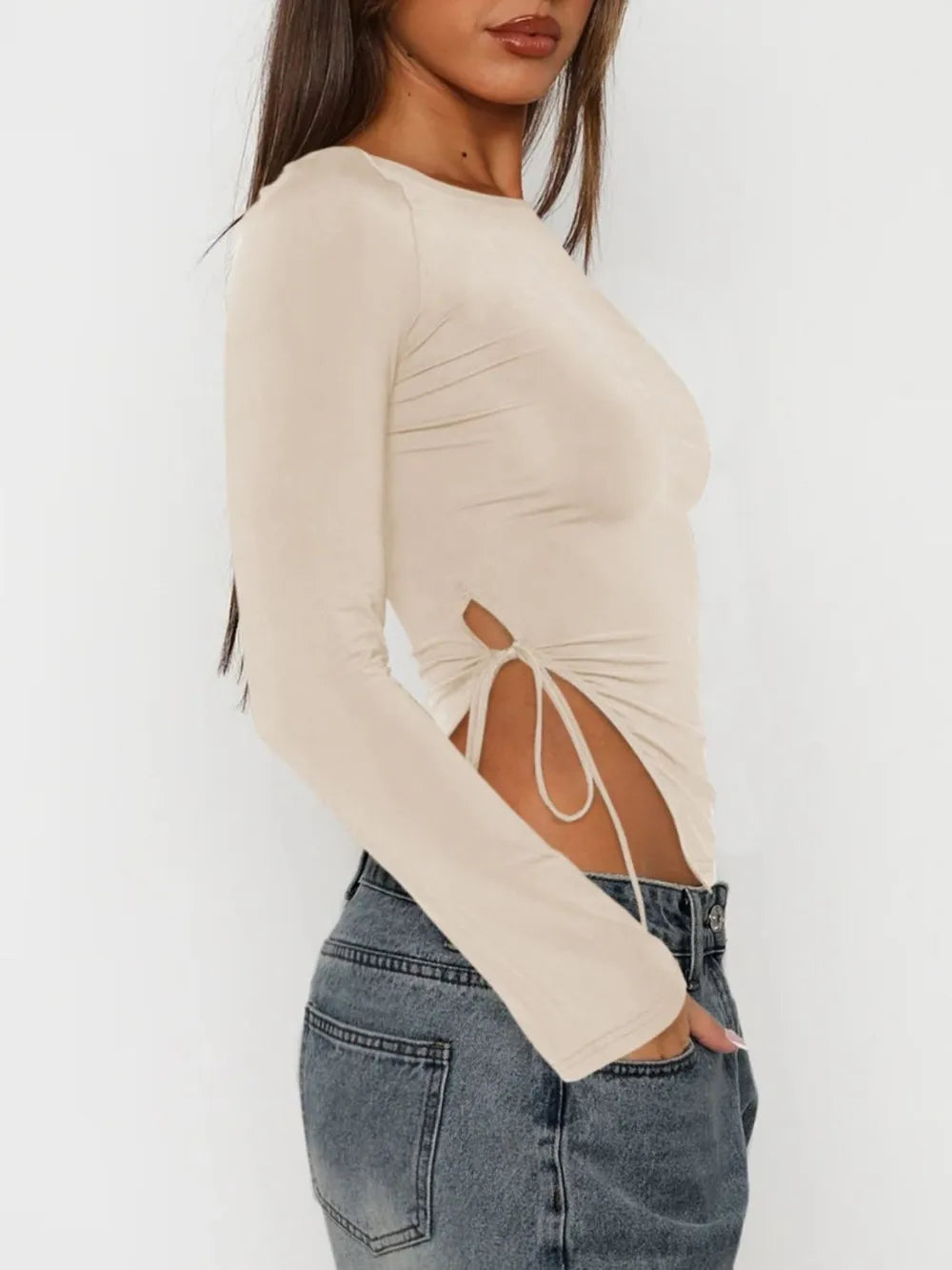 Tied Slit Round Neck Long Sleeve T-Shirt NicholesGifts