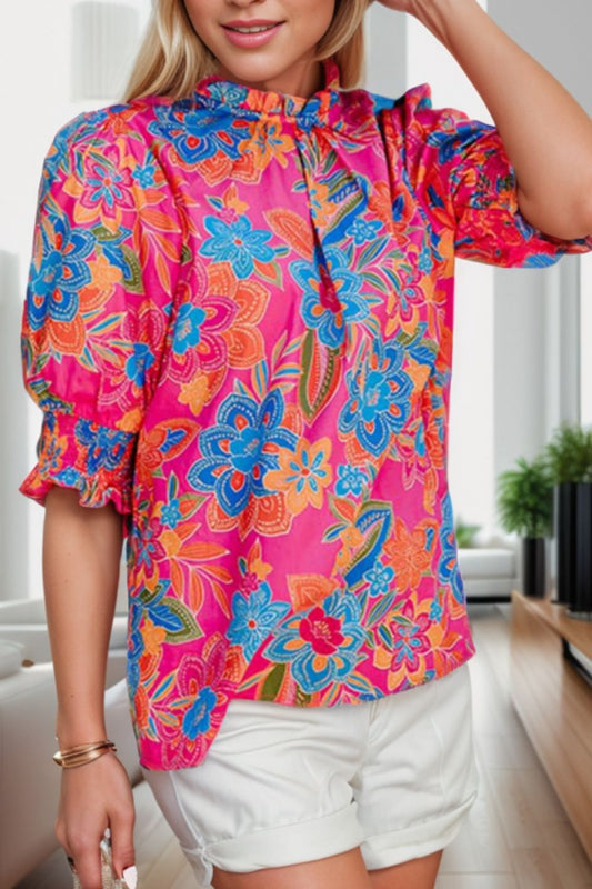 Printed Mock Neck Half Sleeve Blouse nicholesgifts