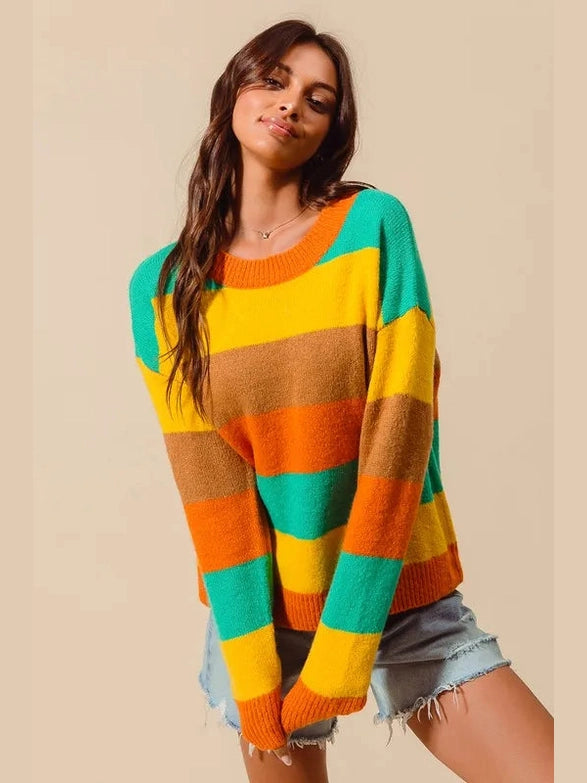 SO ME Multi Color Stripe Sweater with Ribbed Detail Trendsi