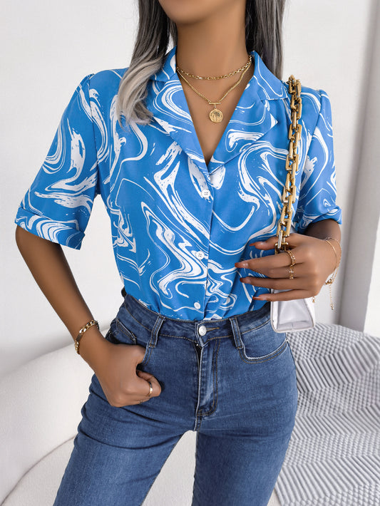 Printed Lapel Collar Shirt Trendsi