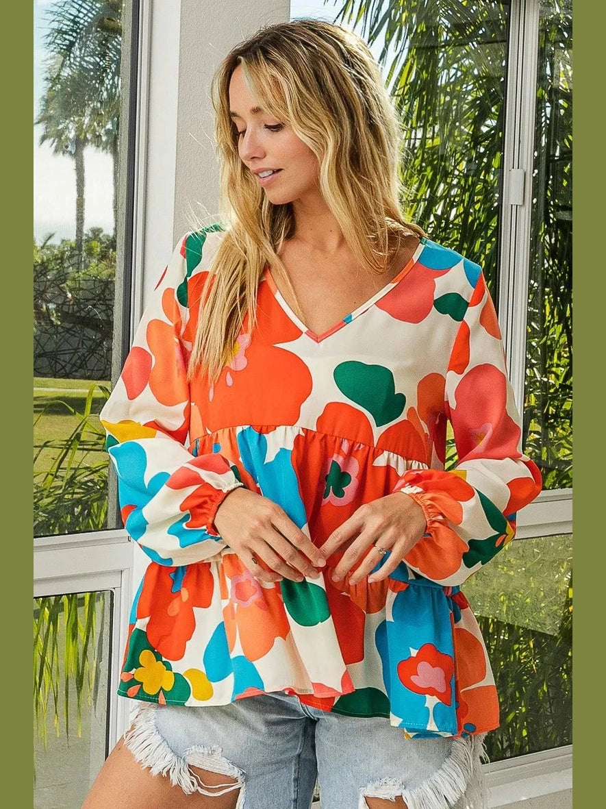 BiBi Floral Woven Tiered V Neck Top