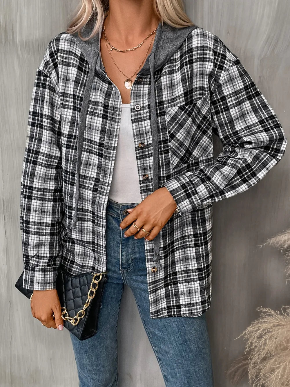Plaid Long Sleeve Hooded Jacket nicholesgifts