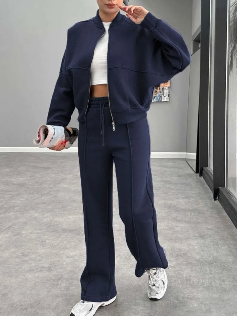 Baseball Collar Zip Up Outerwear and Drawstring Pants Set nicholesgifts