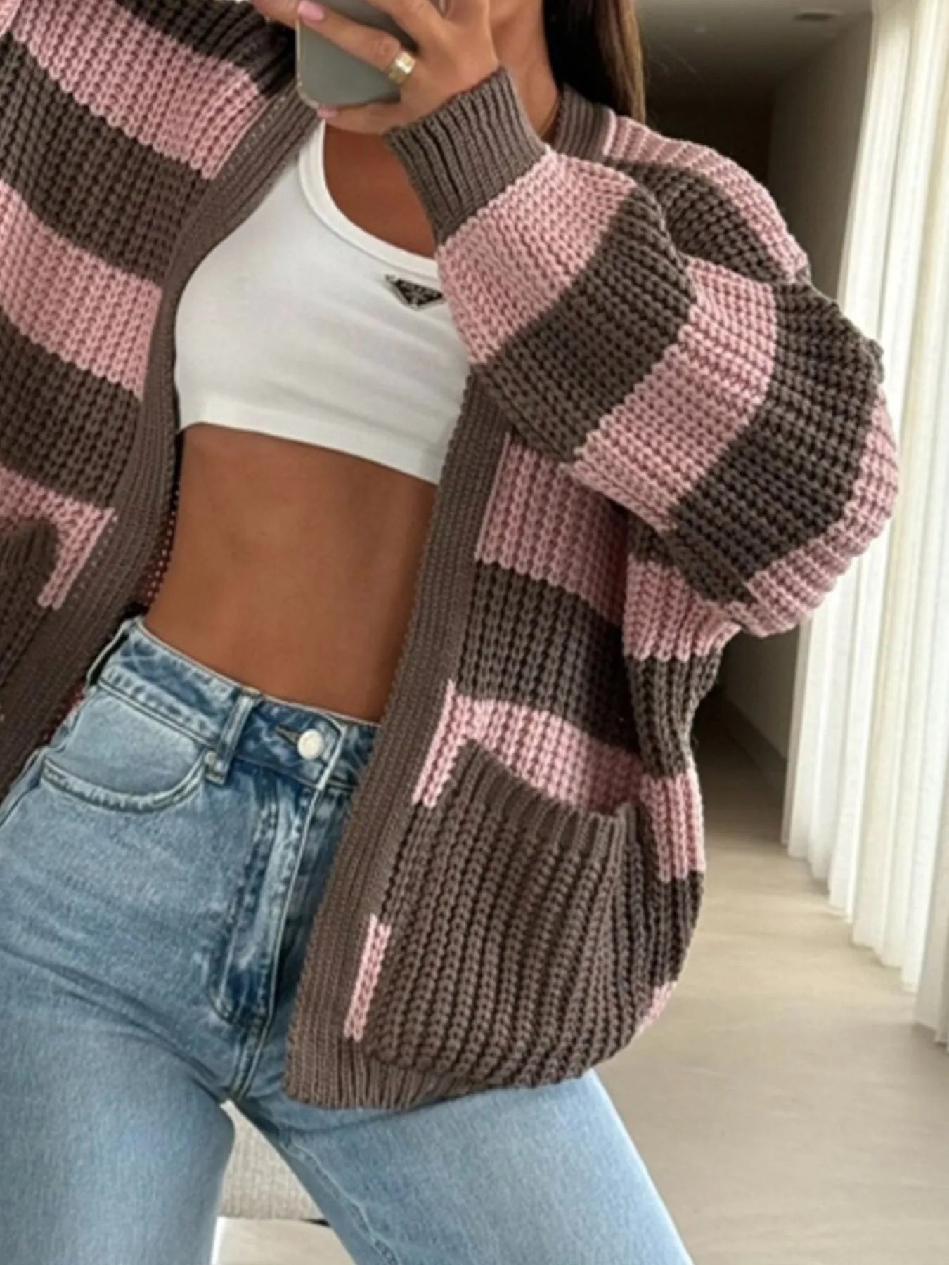 Striped Open Front Long Sleeve Cardigan Trendsi