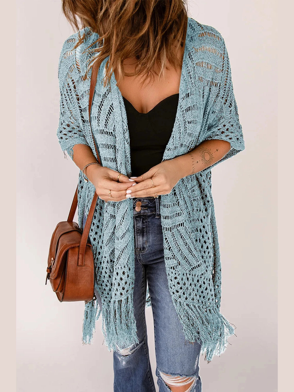 Openwork Open Front Cardigan with Fringes nicholesgifts