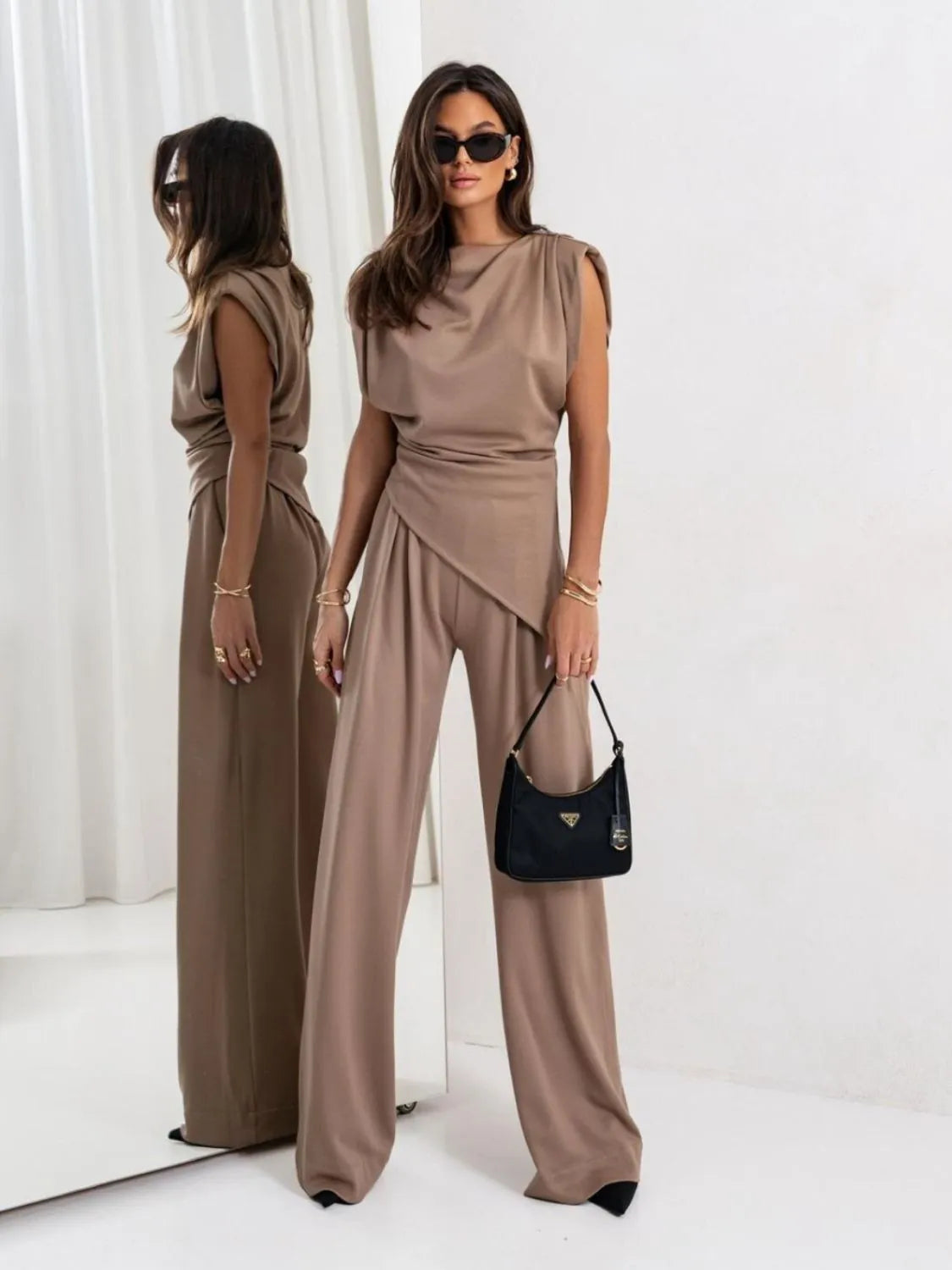 Slit Ruched Top and Wide Leg Pants Set NicholesGifts