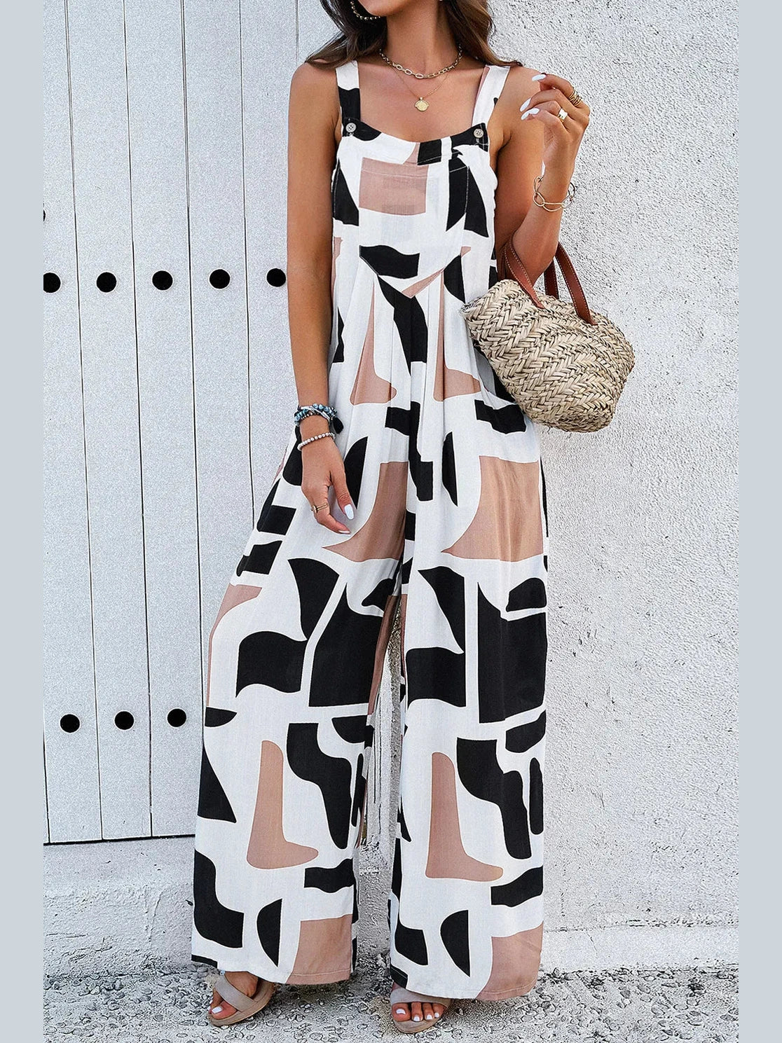 Devine Printed Wide Strap Jumpsuit with Pockets nicholesgifts