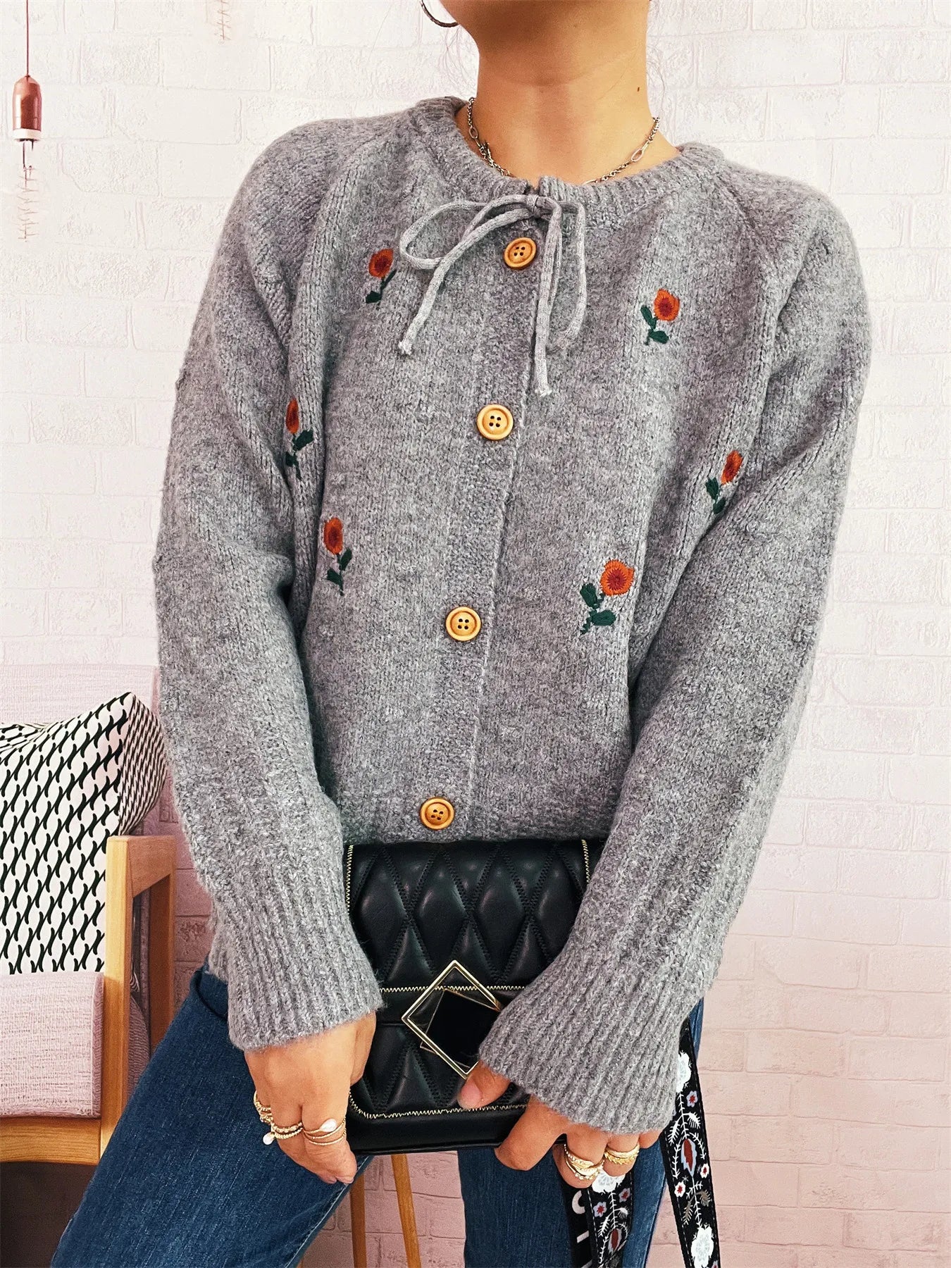 Rose Embroidered Button-Up Cardigan